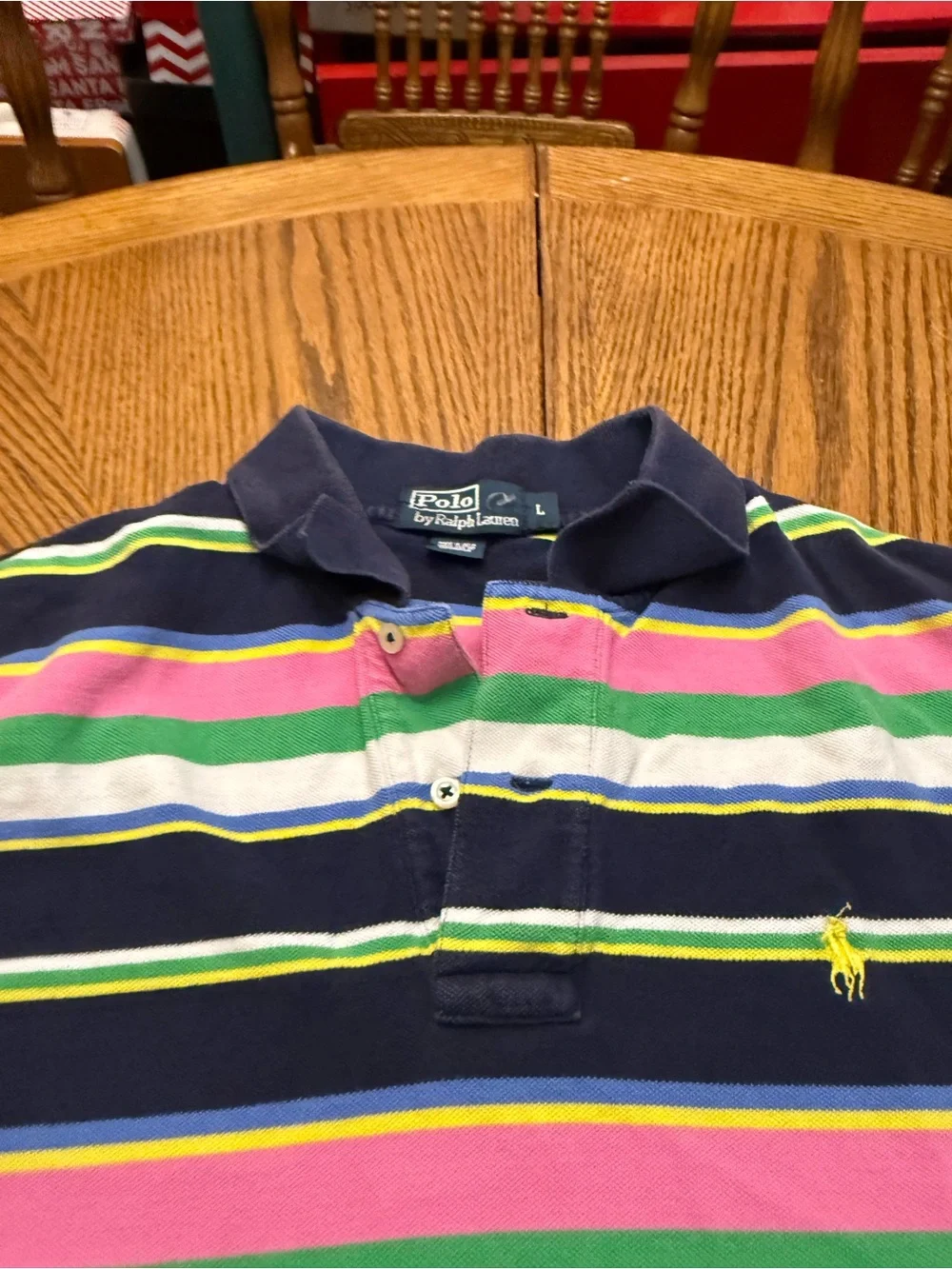 Ralph Lauren Striped Polo in Navy with Pink, Green, Yellow & White